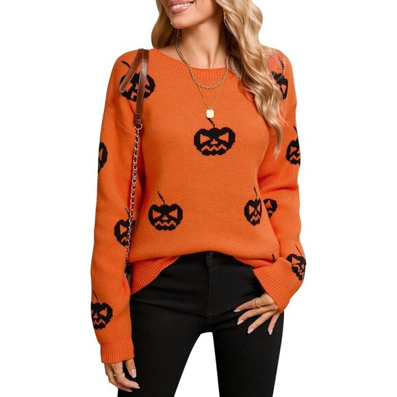 Sweaters - Women's Orange Pumpkin Sweater Crew Neck Long Sleeve Halloween Pullover